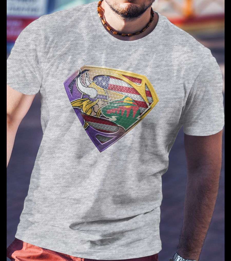 Superman Shield Minnesota Vikings Wild Usa Flag Combination T-Shirt