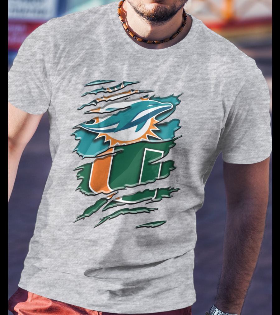 Miami Dolphins And University Of Miami Hurricanes Torn Design Rah 052 T-Shirt