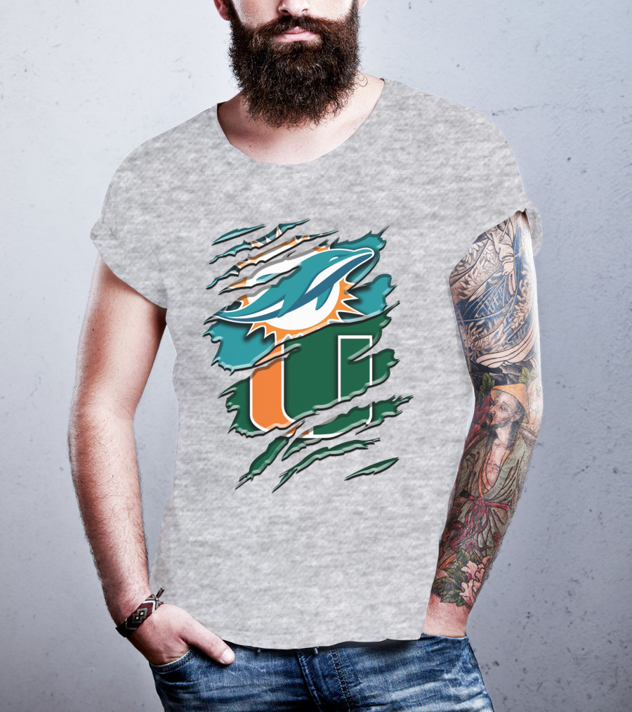 Miami Dolphins And University Of Miami Hurricanes Torn Design Rah 052 T-Shirt