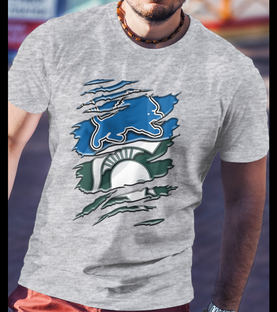Detroit Lions Michigan State Spartans Ripped Claw Scratch Design Rah 076 T-Shirt
