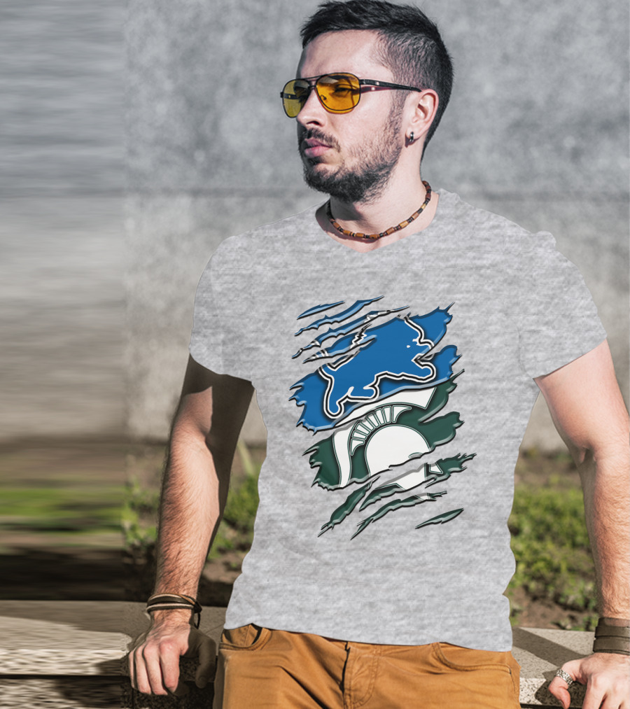Detroit Lions Michigan State Spartans Ripped Claw Scratch Design Rah 076 T-Shirt