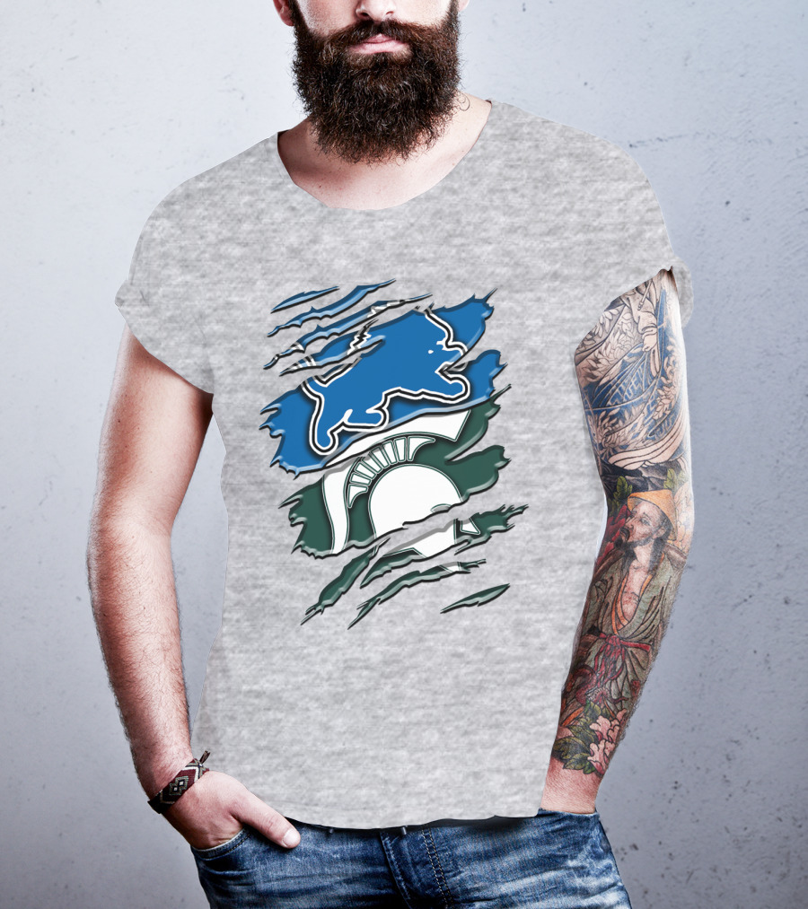 Detroit Lions Michigan State Spartans Ripped Claw Scratch Design Rah 076 T-Shirt