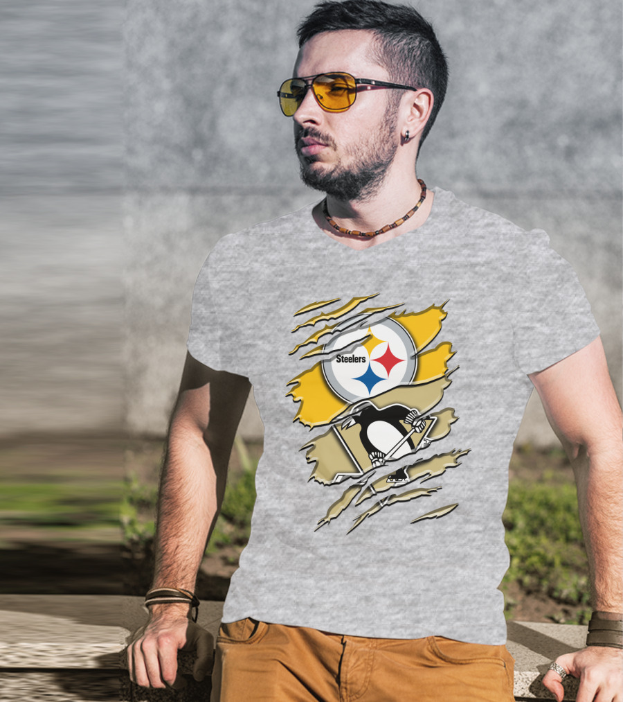 Steelers Penguins Torn Scratches Logo Collaboration T-Shirt