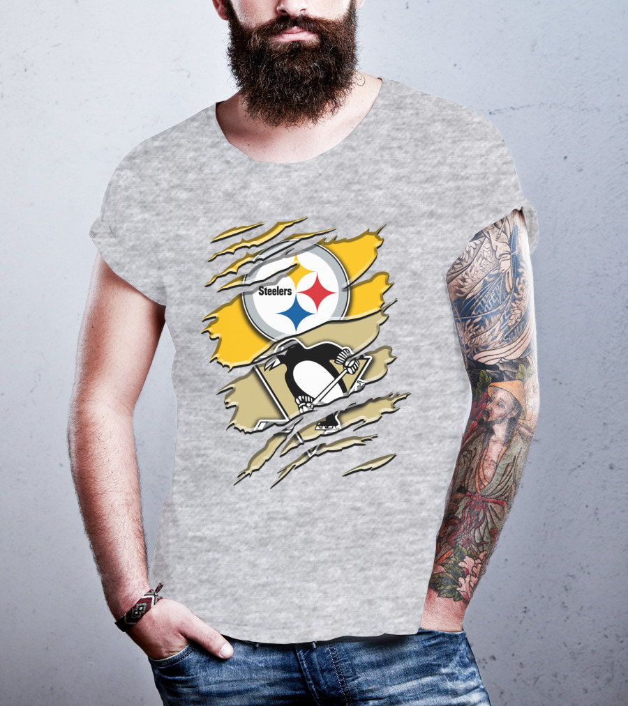 Steelers Penguins Torn Scratches Logo Collaboration T-Shirt