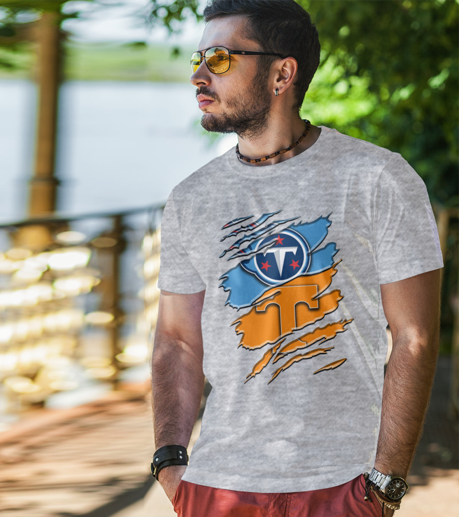Tennessee Titans Logo With Tennessee Volunteers Colors Ripped Design Rah 131 T-Shirt