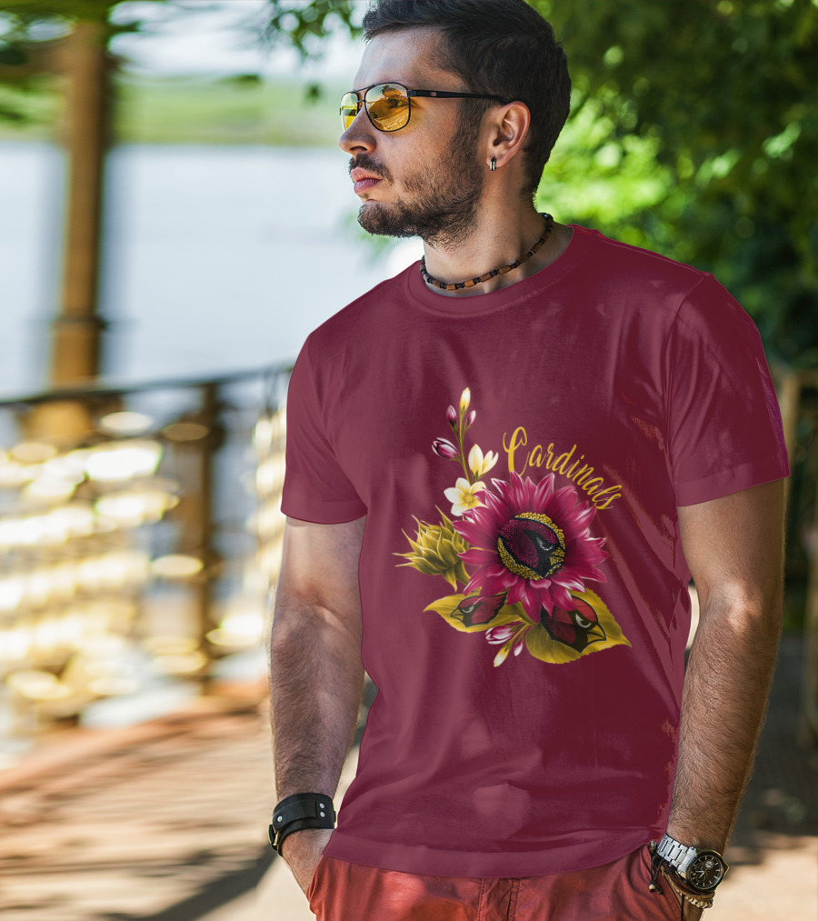 Cardinals Floral Sunflower And Bird Art On Red T-Shirt