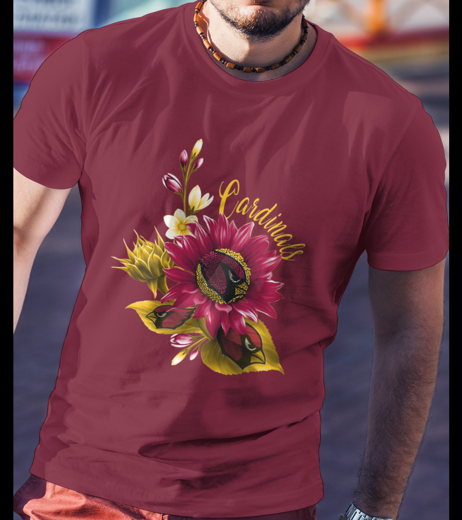 Cardinals Floral Sunflower And Bird Art On Red T-Shirt