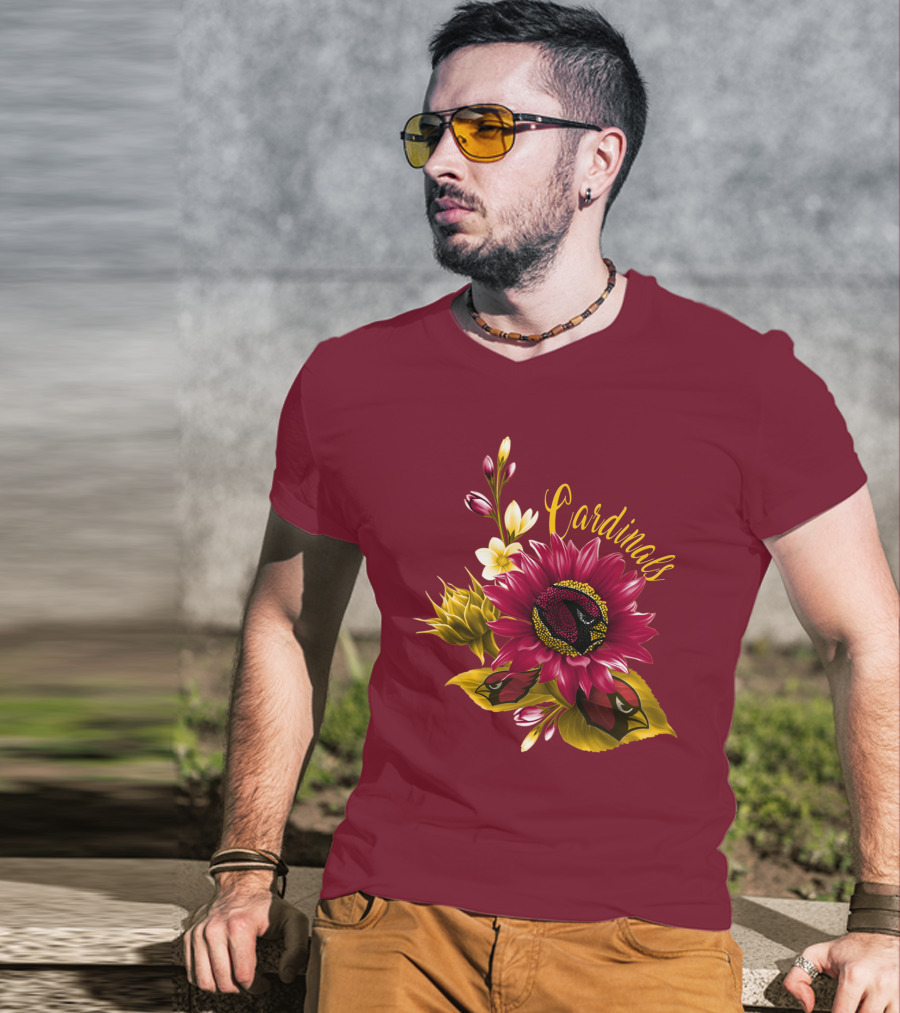 Cardinals Floral Sunflower And Bird Art On Red T-Shirt