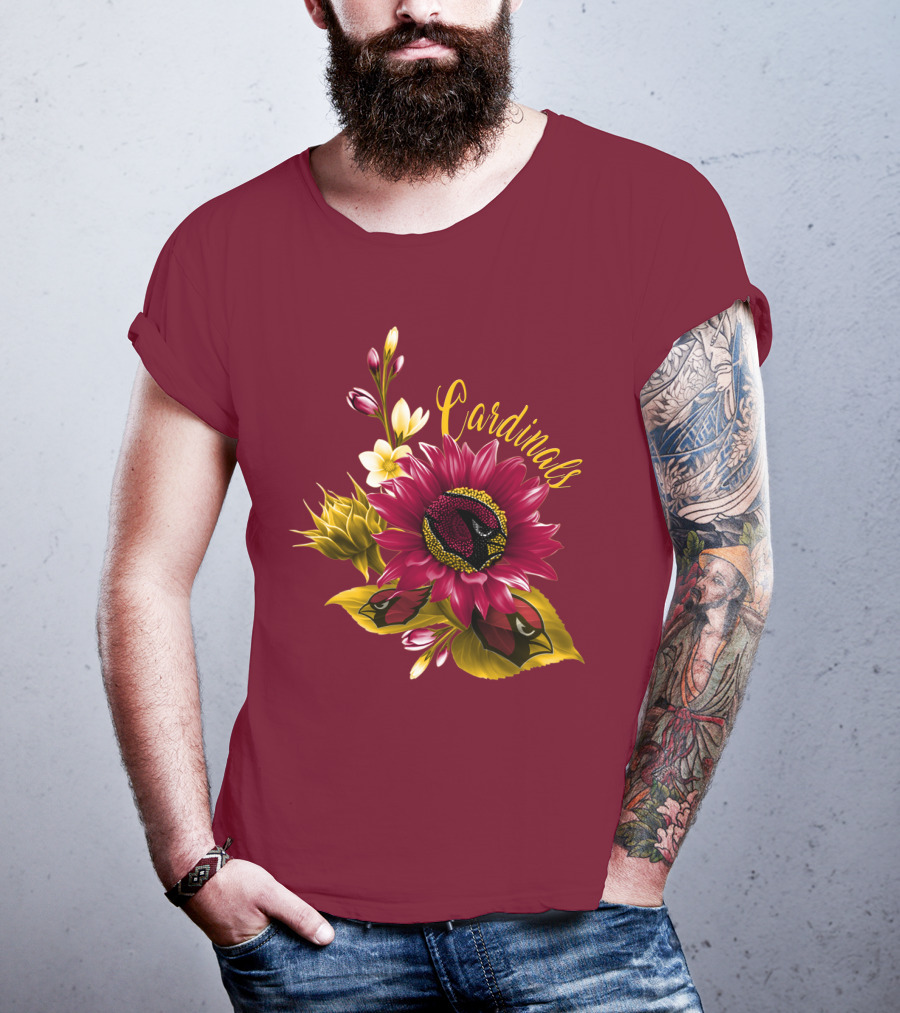 Cardinals Floral Sunflower And Bird Art On Red T-Shirt
