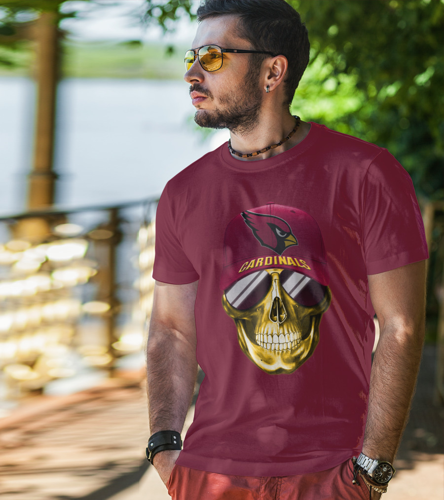 Arizona Cardinals Skull With Hat And Sunglasses T-Shirt