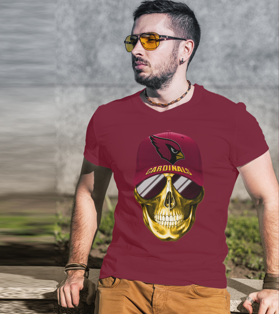Arizona Cardinals Skull With Hat And Sunglasses T-Shirt