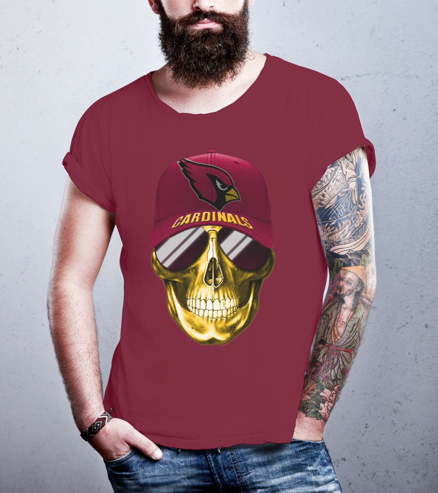 Arizona Cardinals Skull With Hat And Sunglasses T-Shirt