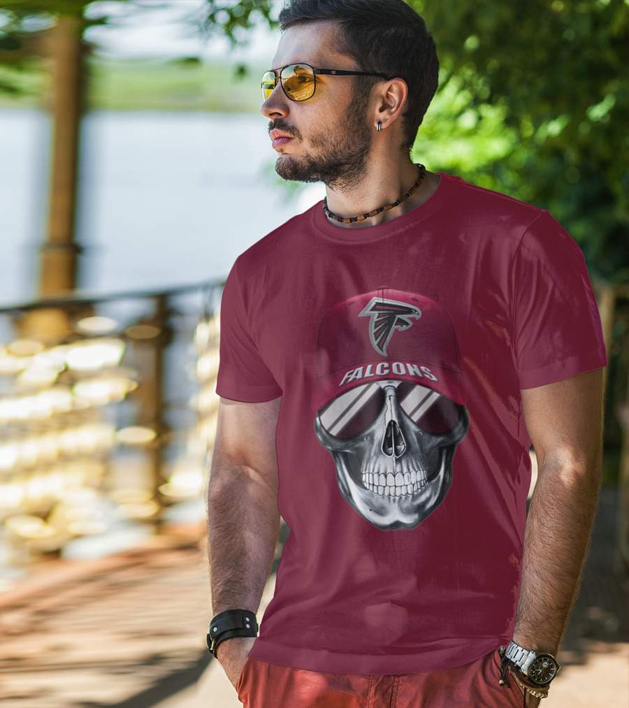 Atlanta Falcons Skull With Logo Hat And Sunglasses T-Shirt