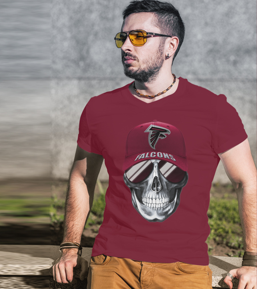 Atlanta Falcons Skull With Logo Hat And Sunglasses T-Shirt