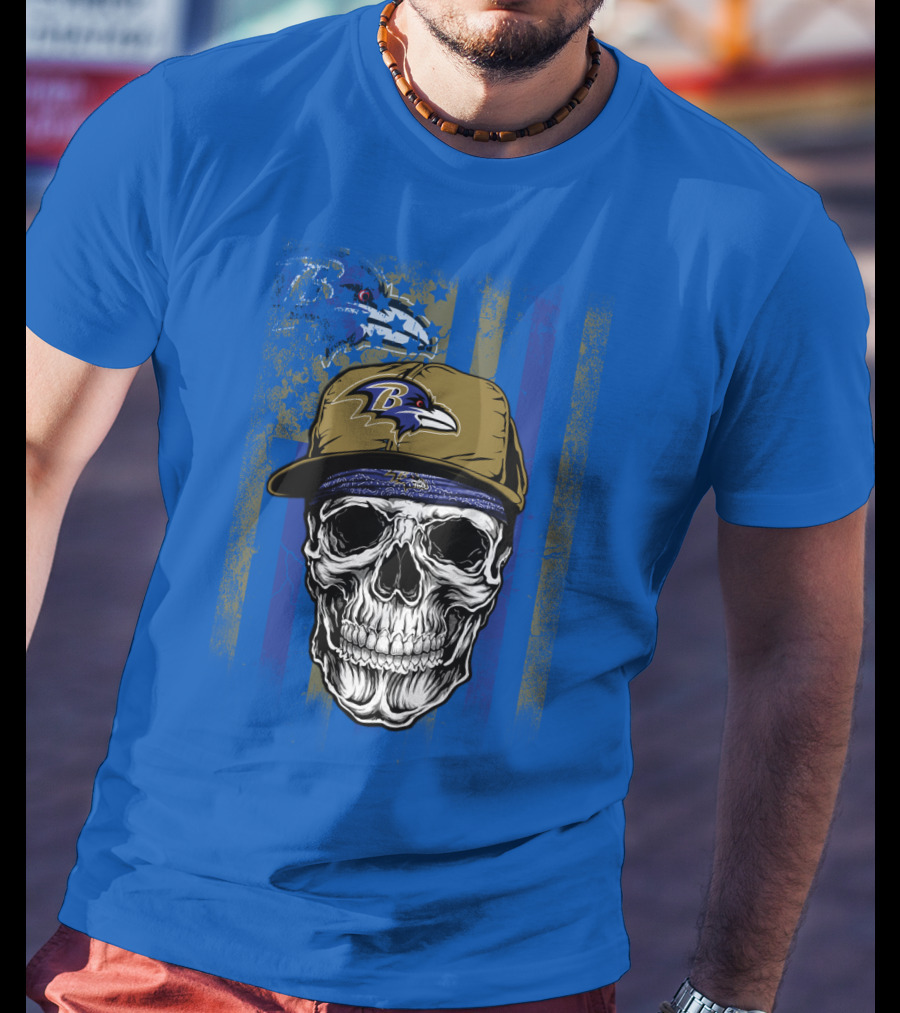 Baltimore Ravens Skull With Hat And Stylized Flag Elements T-Shirt