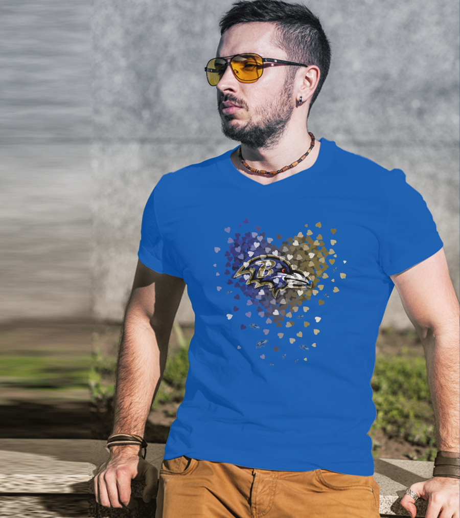 Baltimore Ravens Heart Design With Logo And Multicolored Hearts T-Shirt