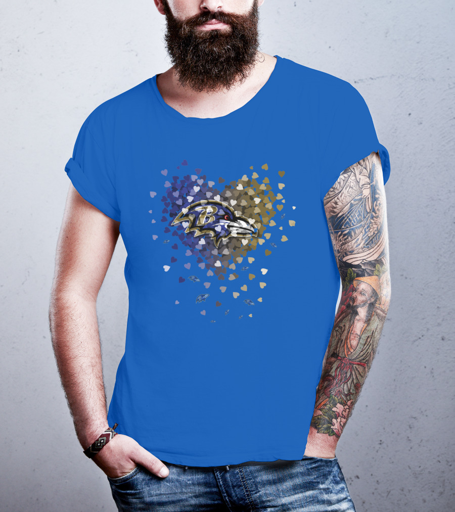 Baltimore Ravens Heart Design With Logo And Multicolored Hearts T-Shirt