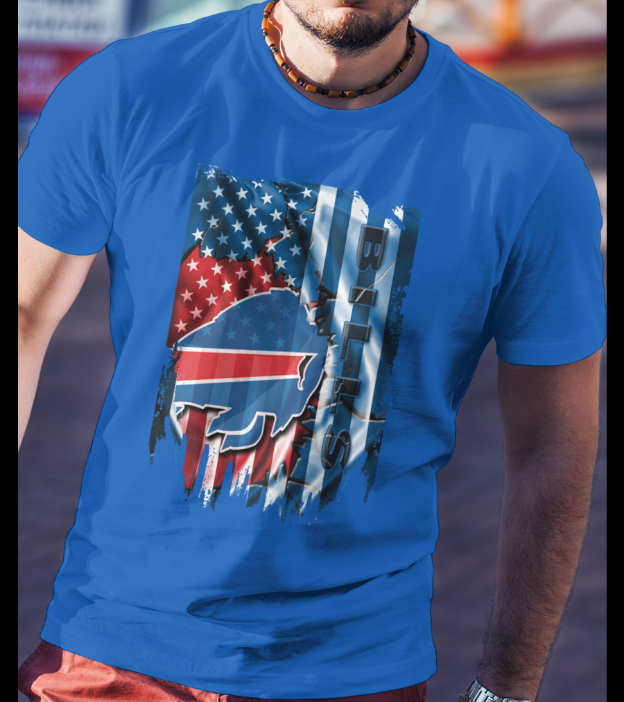 Buffalo Bills American Flag Collage With Team Logo And Bold Vertical T-Shirt