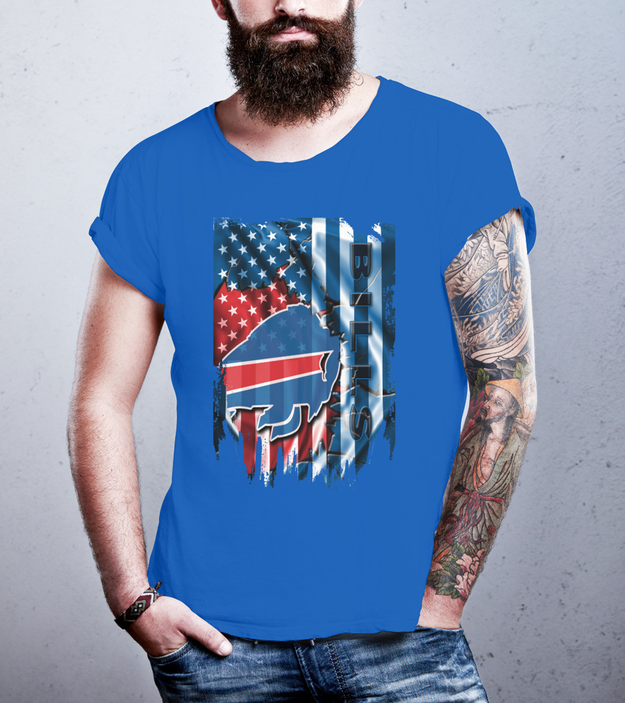 Buffalo Bills American Flag Collage With Team Logo And Bold Vertical T-Shirt