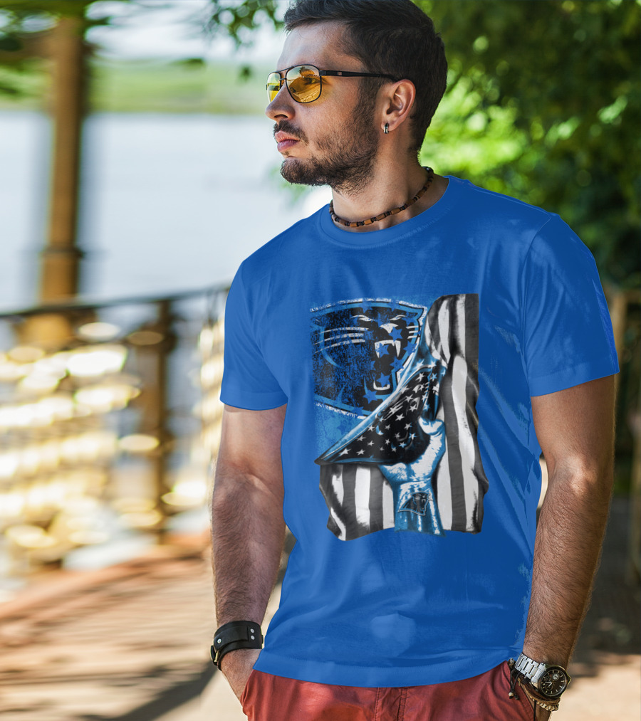 Carolina Panthers American Flag Hand Blue Graphic Fan Merchandise T-Shirt