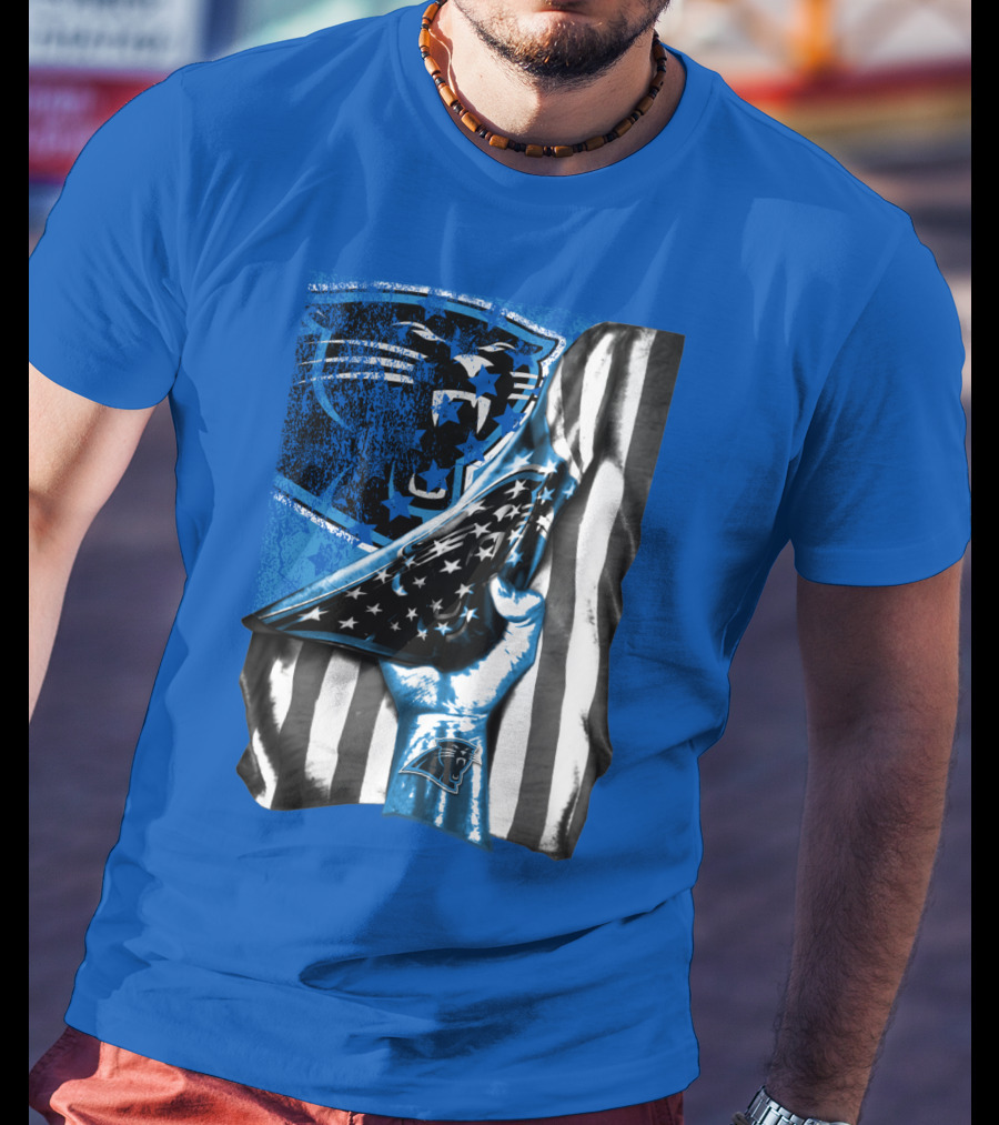 Carolina Panthers American Flag Hand Blue Graphic Fan Merchandise T-Shirt