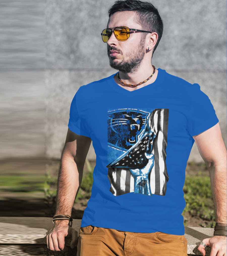 Carolina Panthers American Flag Hand Blue Graphic Fan Merchandise T-Shirt