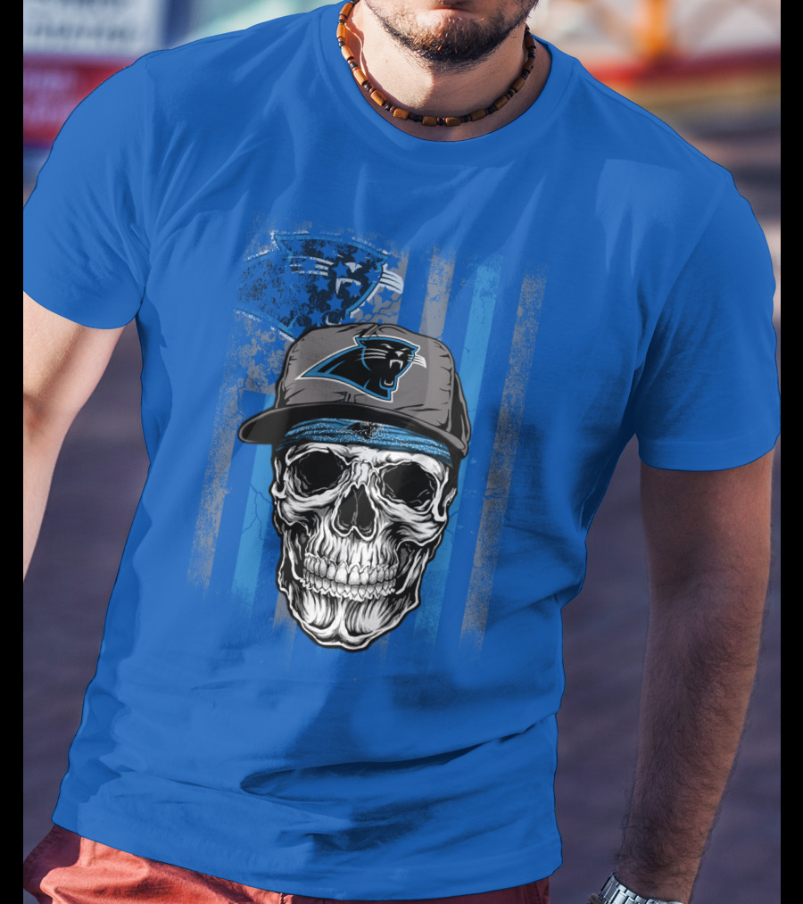 Carolina Panthers Skull With Hat And Striped T-Shirt