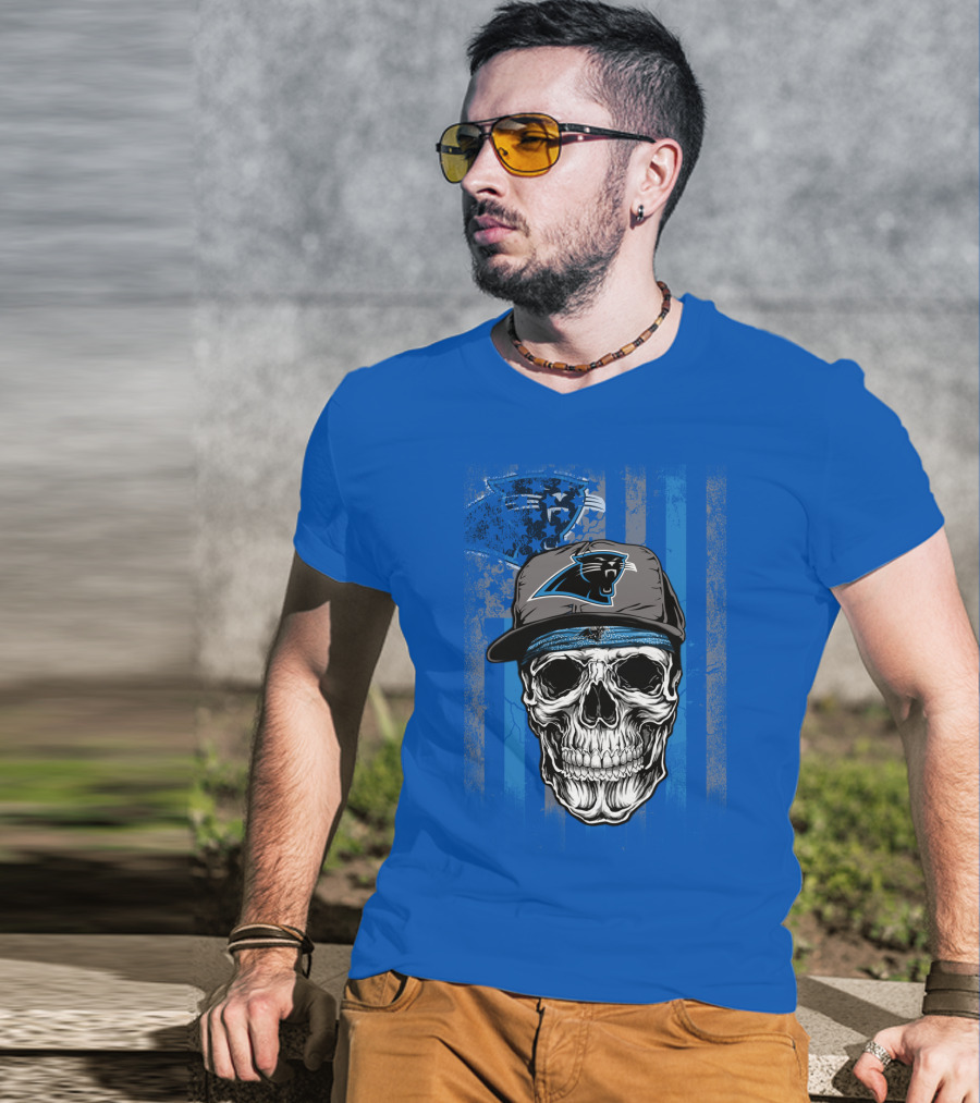 Carolina Panthers Skull With Hat And Striped T-Shirt