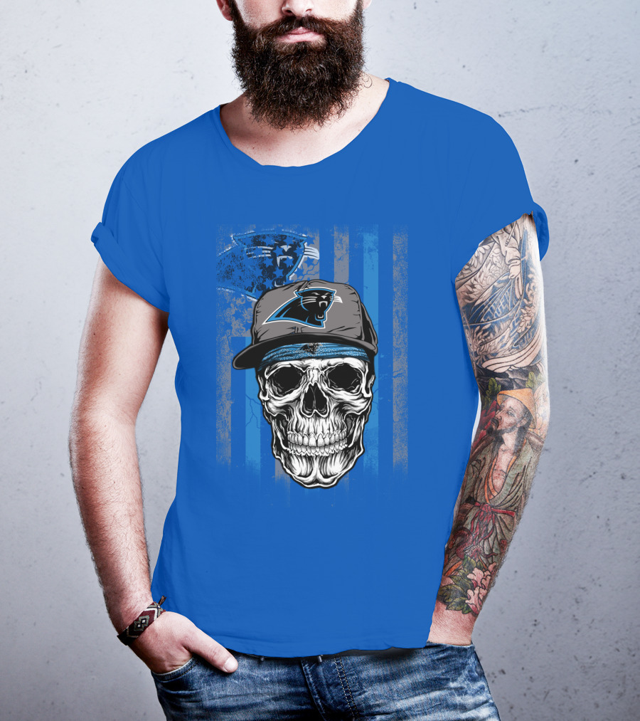Carolina Panthers Skull With Hat And Striped T-Shirt