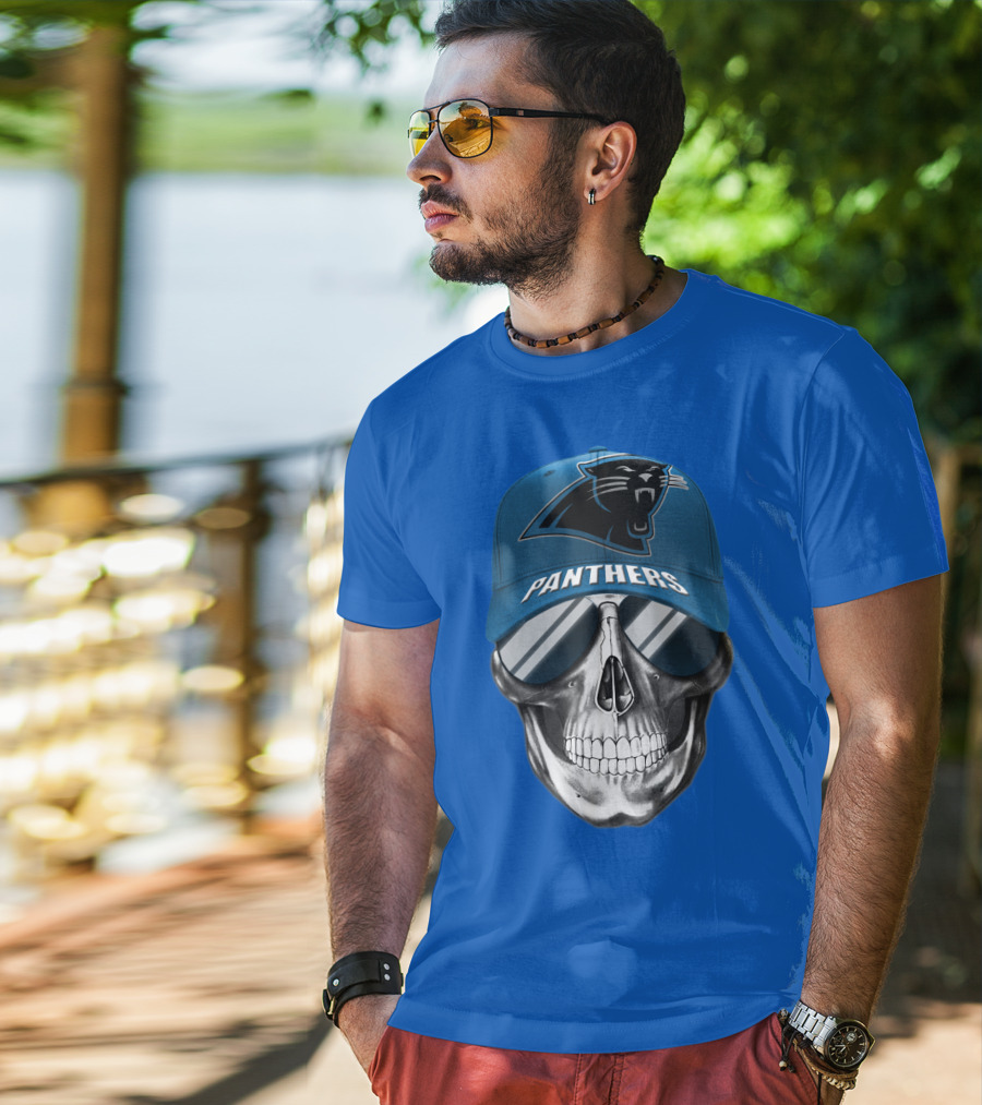 Carolina Panthers Skull Wearing Team Hat And Sunglasses T-Shirt