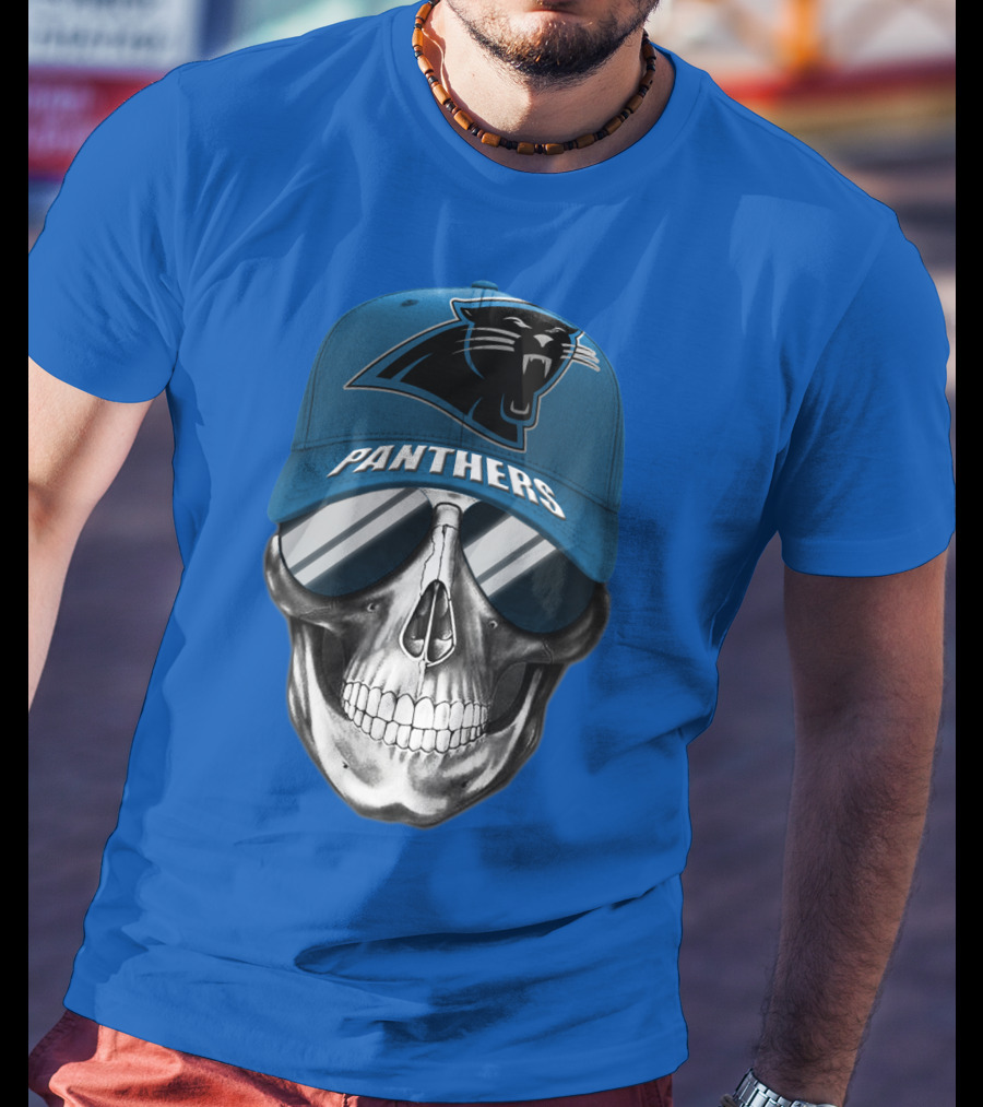 Carolina Panthers Skull Wearing Team Hat And Sunglasses T-Shirt