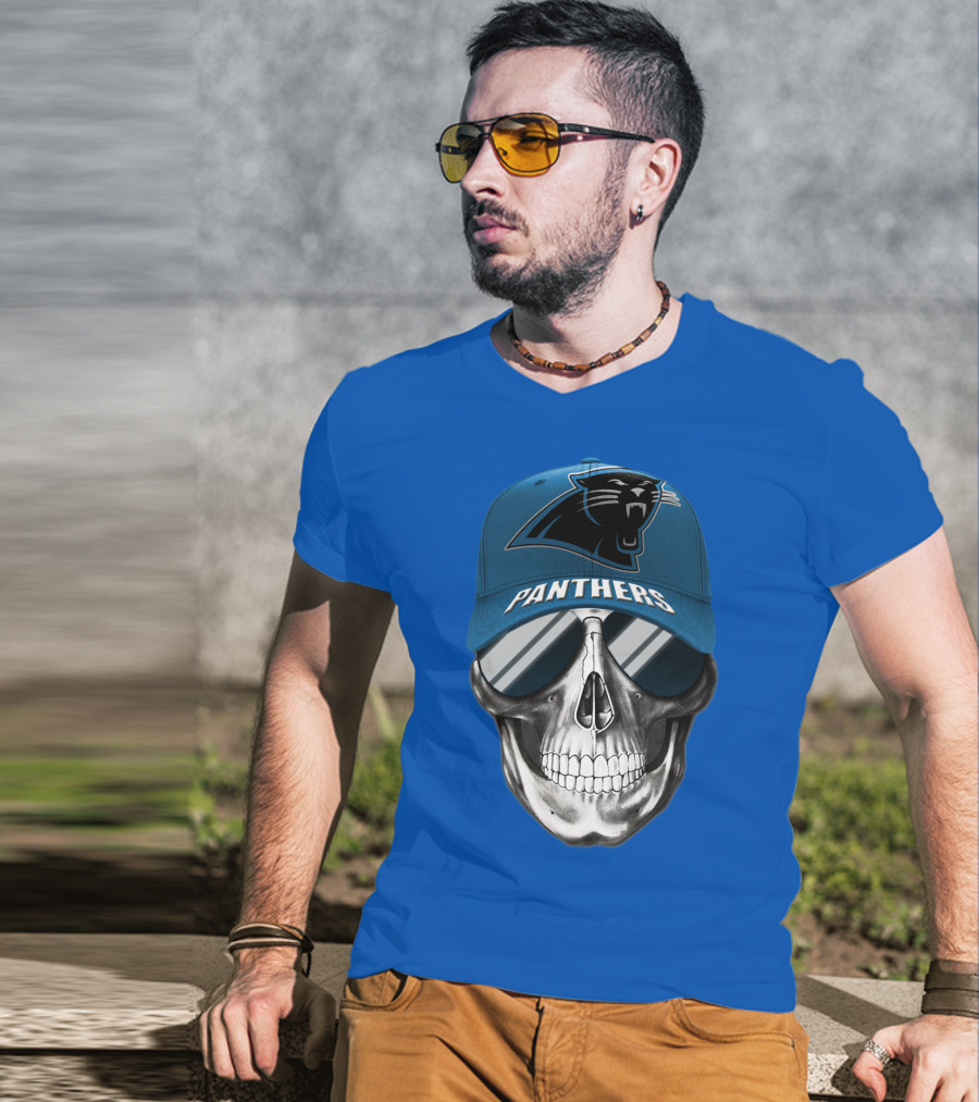 Carolina Panthers Skull Wearing Team Hat And Sunglasses T-Shirt