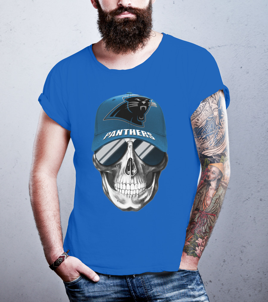 Carolina Panthers Skull Wearing Team Hat And Sunglasses T-Shirt