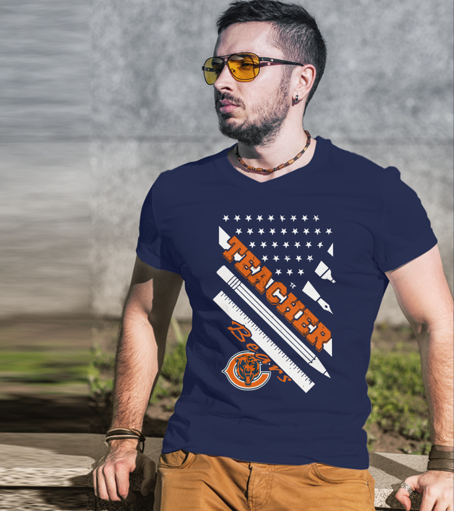 Chicago Bears Teacher American Flag Ruler And Pens T-Shirt