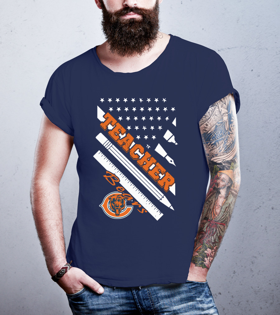Chicago Bears Teacher American Flag Ruler And Pens T-Shirt