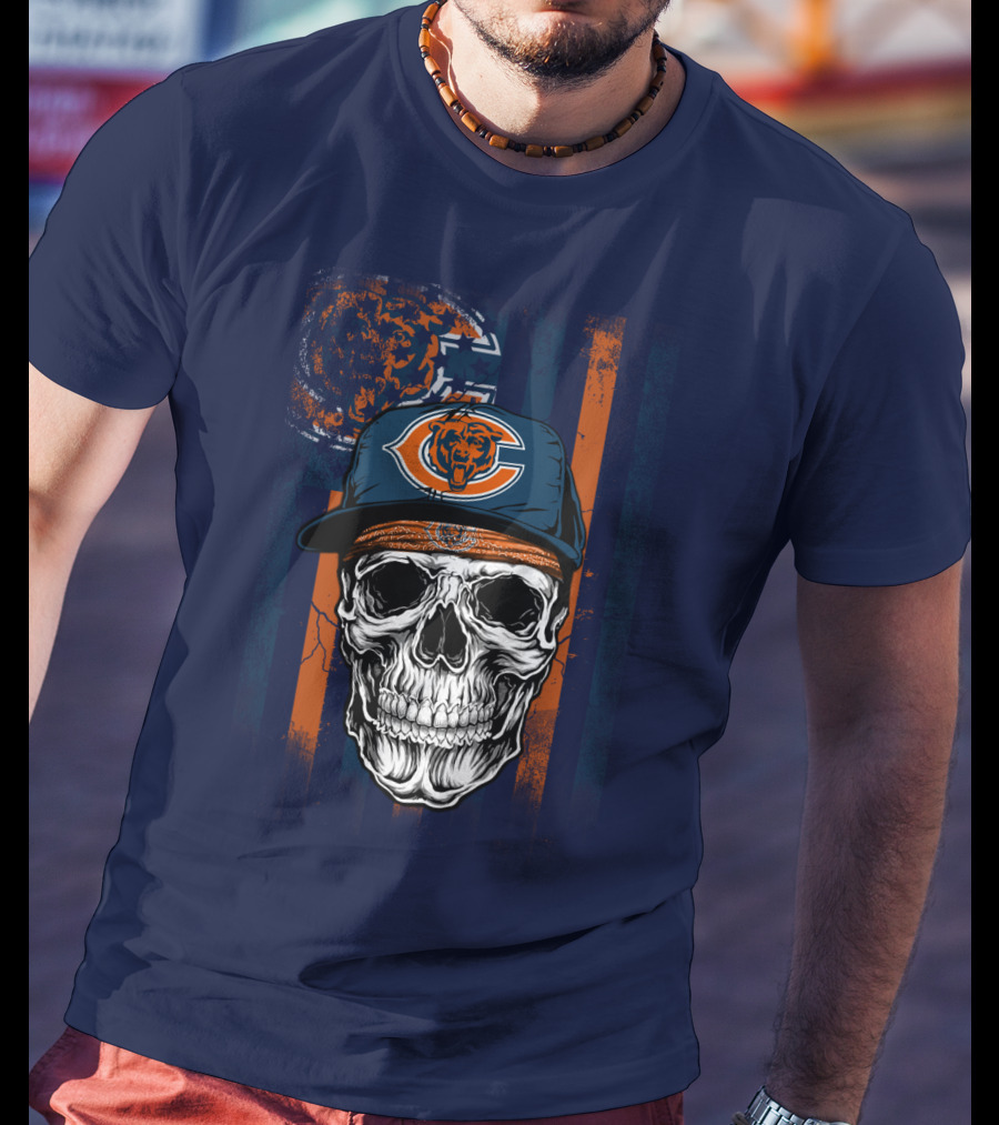 Chicago Bears Skull With Cap And Stripes T-Shirt