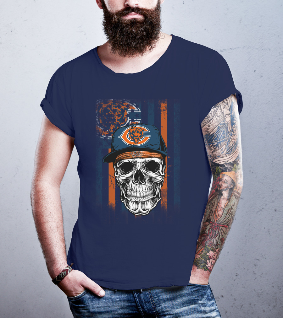 Chicago Bears Skull With Cap And Stripes T-Shirt