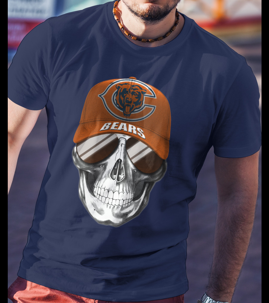 Chicago Bears Skull Cap With Logo And Sunglasses T-Shirt