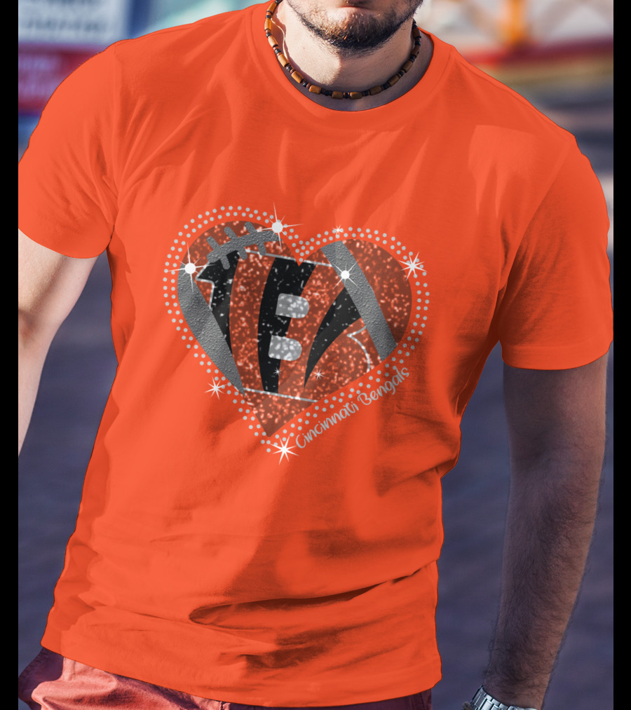 Cincinnati Bengals Heart Sparkle Football T-Shirt