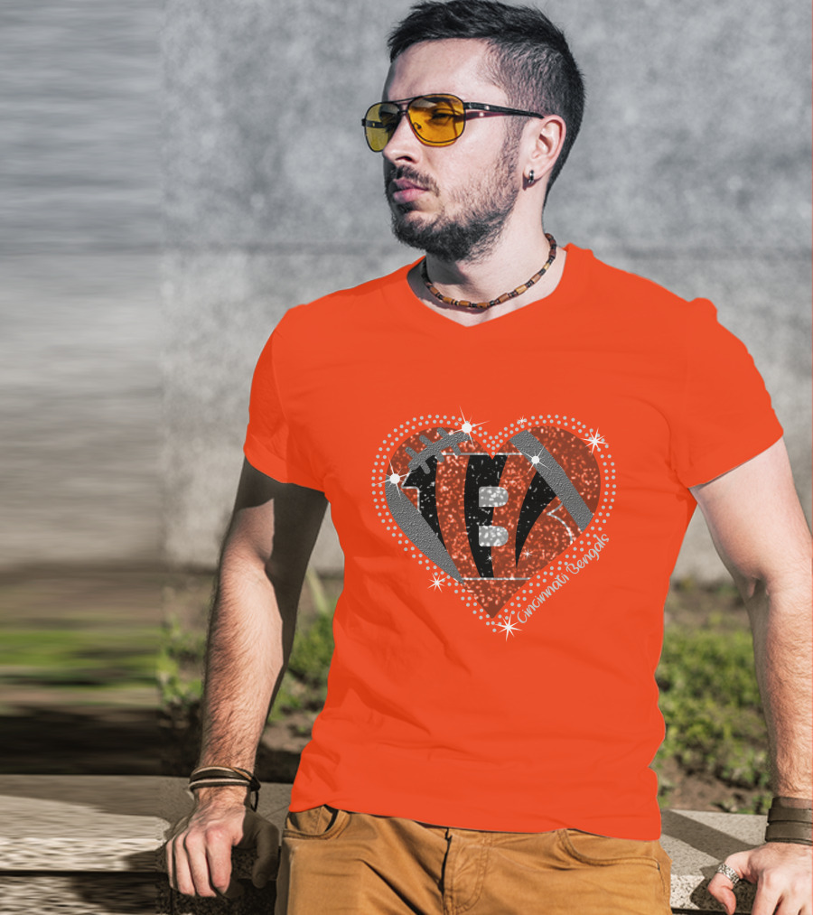 Cincinnati Bengals Heart Sparkle Football T-Shirt