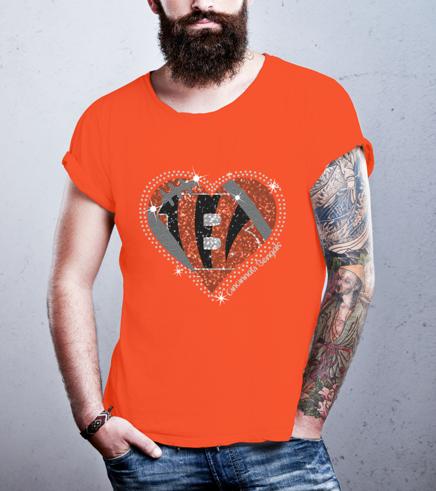 Cincinnati Bengals Heart Sparkle Football T-Shirt