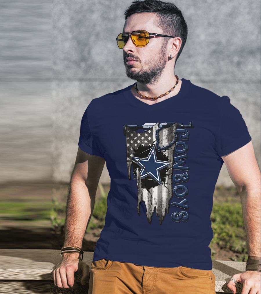 Dallas Cowboys Star Logo On Distressed American Flag With Vertical T-Shirt