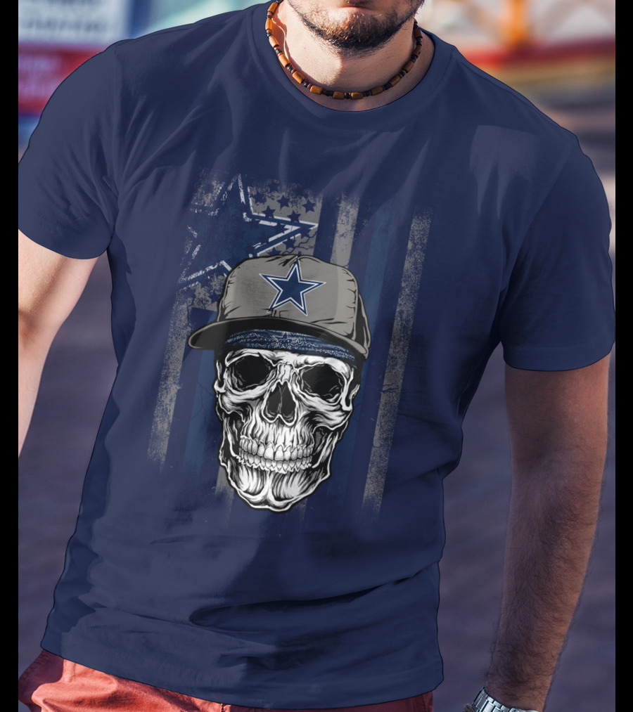 Dallas Cowboys Skull With Star Cap And Grunge Flag T-Shirt