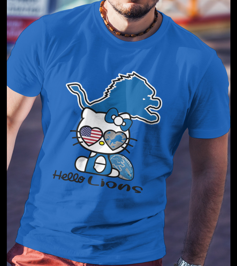 Hello Lions Detroit Lions Football Kitty Patchwork T-Shirt