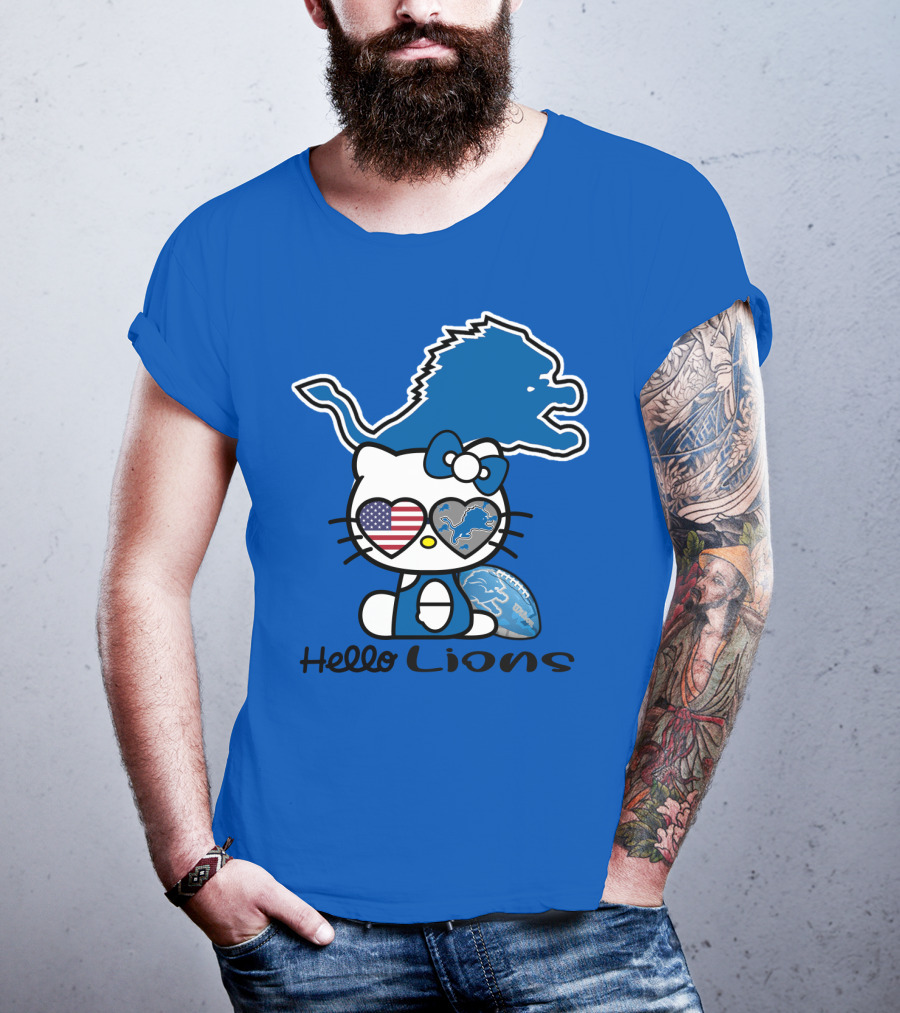 Hello Lions Detroit Lions Football Kitty Patchwork T-Shirt