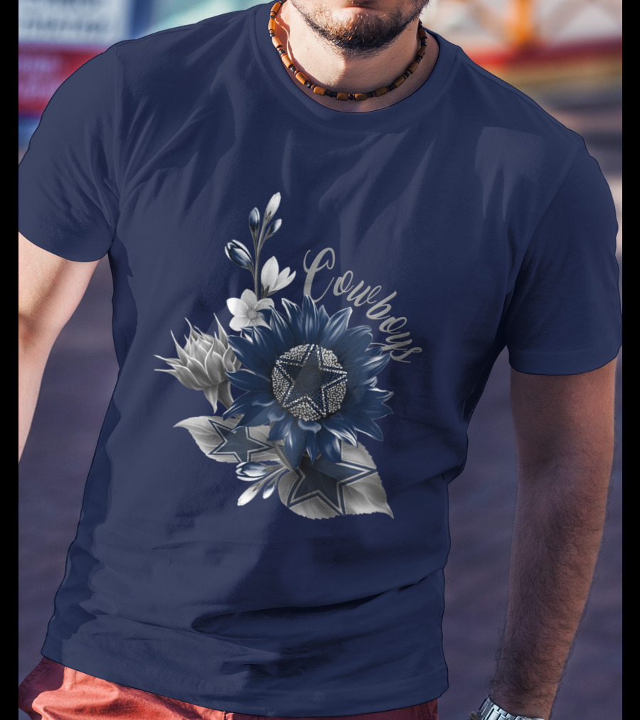 Cowboys Star Floral Design With Navy And Silver Accents T-Shirt