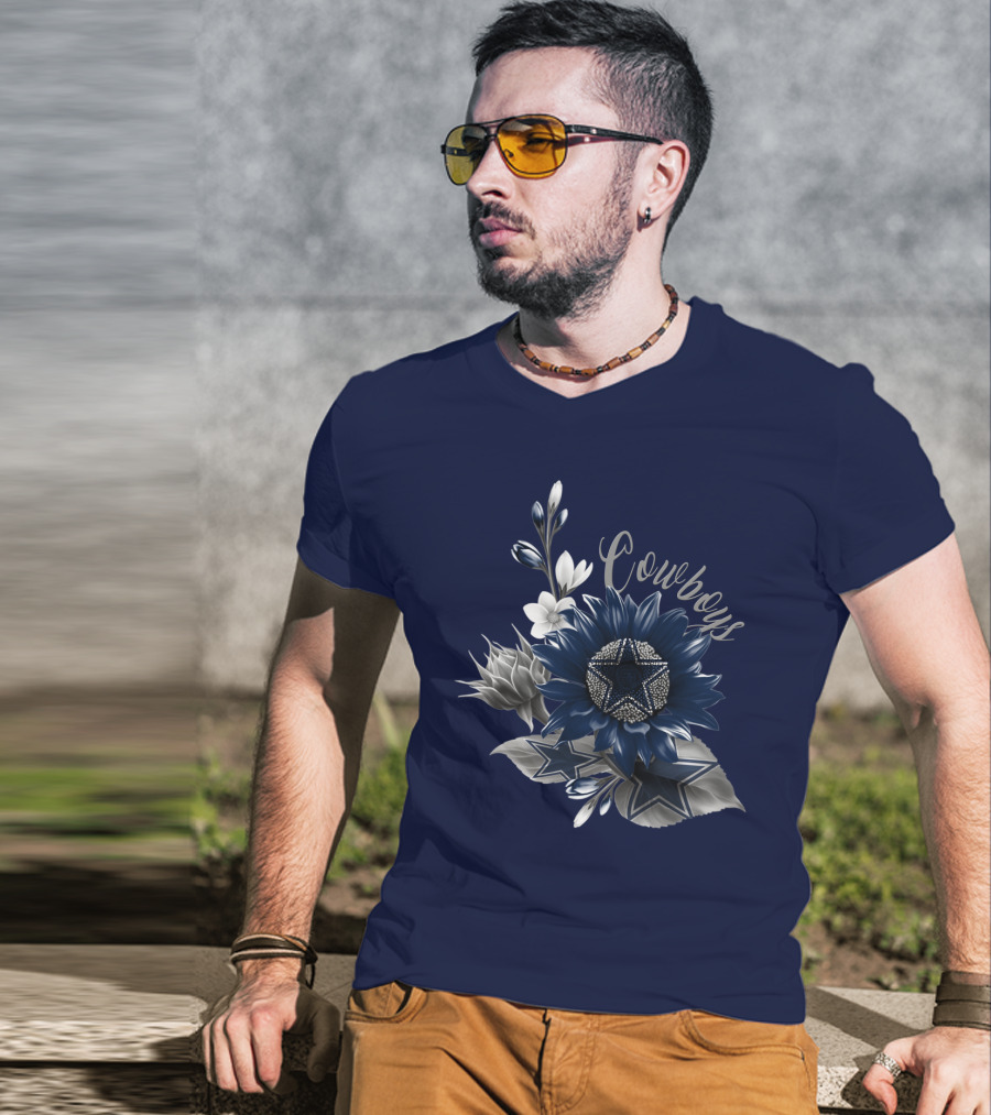 Cowboys Star Floral Design With Navy And Silver Accents T-Shirt
