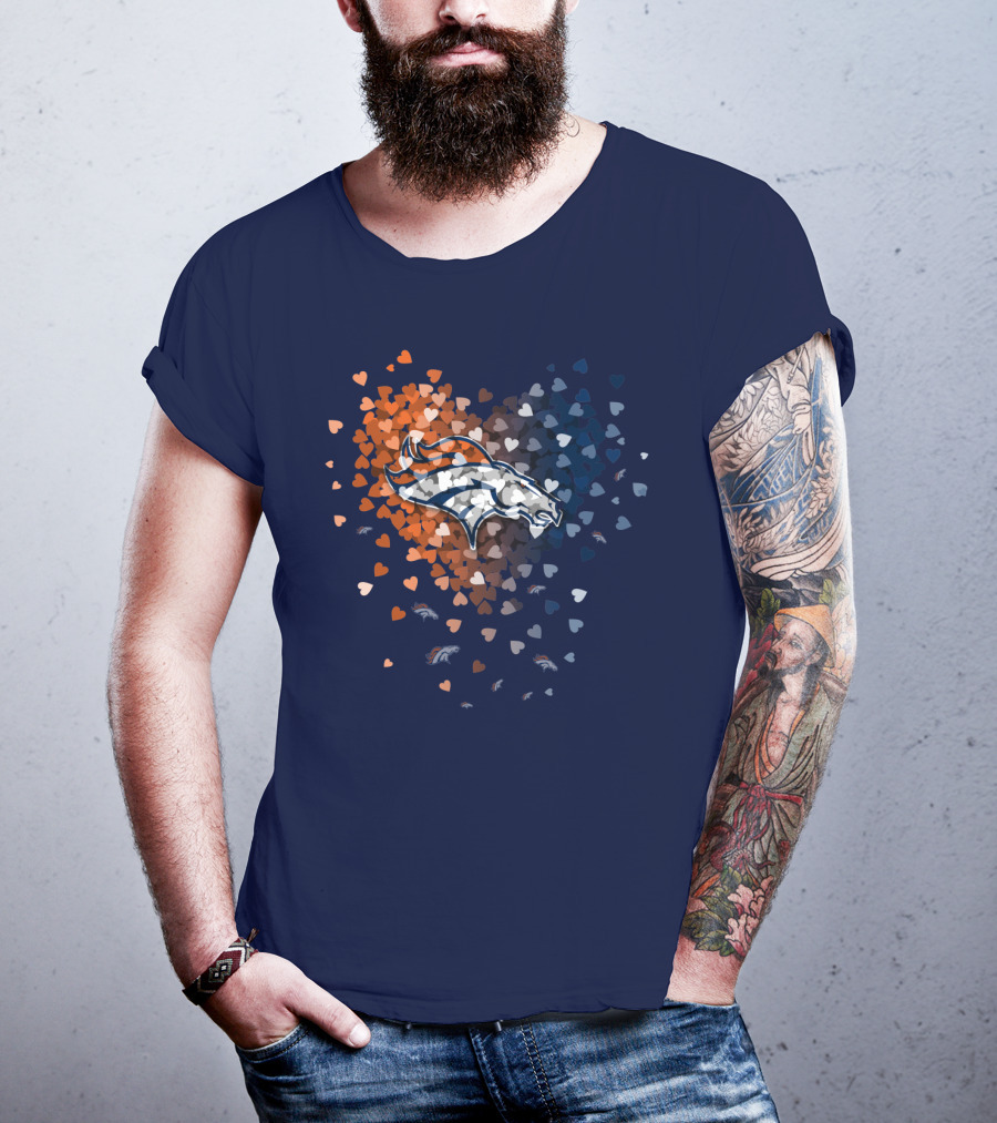 Denver Broncos Heart Logo With Orange And Blue Hearts T-Shirt