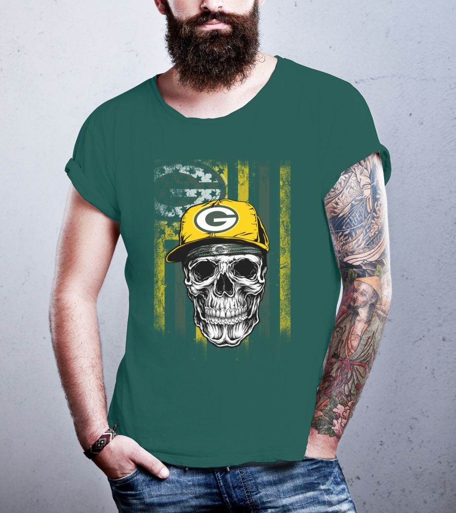 Green Bay Packers Skull With Cap And Distressed Flag T-Shirt