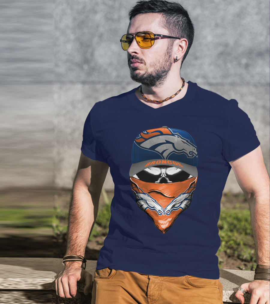 Denver Broncos Football Fan Skull Bandana Hat T-Shirt
